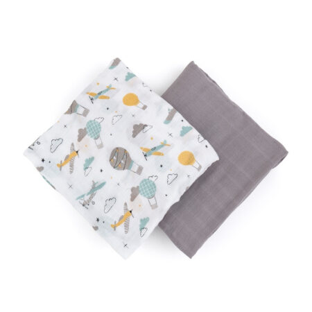 Set scutece 2 piese din muselină de bambus, 120 x 120 cm, Petite&Mars, Misty Grey Planes, Multicolor