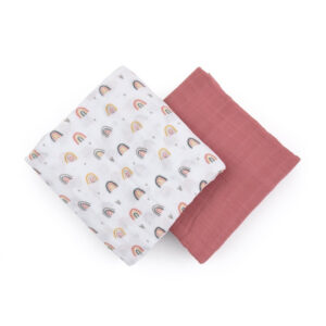 Set scutece 2 piese din muselină de bambus, 120 x 120 cm, Petite&Mars, Misty Rose Rainbow, Multicolor