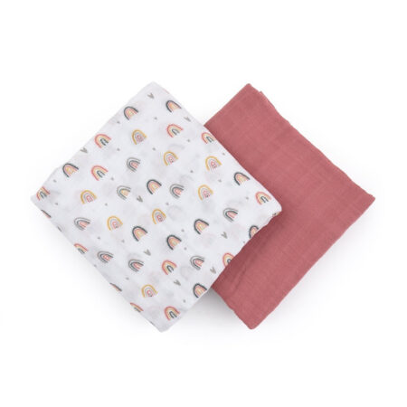 Set scutece 2 piese din muselină de bambus, 120 x 120 cm, Petite&Mars, Misty Rose Rainbow, Multicolor
