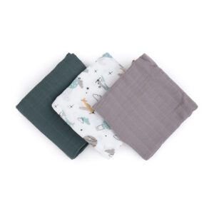 Set scutece 3 piese din muselină de bambus, 68 x 68 cm, Petite&Mars, Moussy Grey Planets, Multicolor