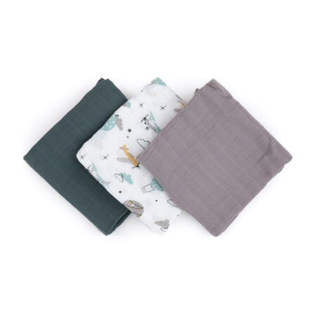 Set scutece 3 piese din muselină de bambus, 68 x 68 cm, Petite&Mars, Moussy Grey Planets, Multicolor