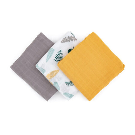 Set scutece 3 piese din muselină de bambus, 68 x 68 cm, Petite&Mars, Moussy Ochre Leaves, Multicolor