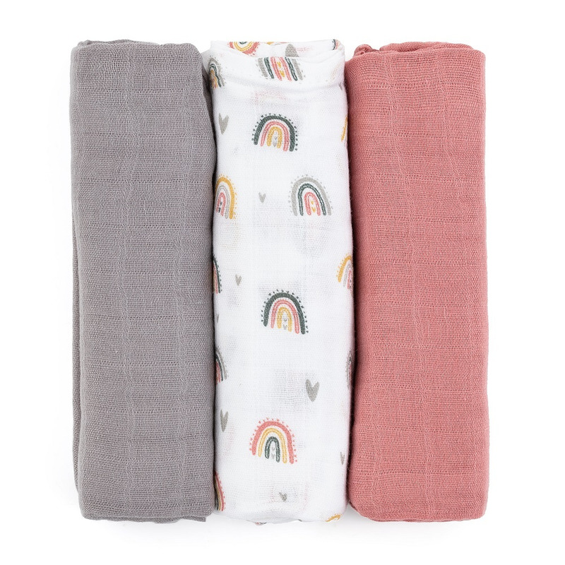 Set scutece 3 piese din muselină de bambus, 68 x 68 cm, Petite&Mars, Moussy Rose Rainbow, Multicolor - Image 2