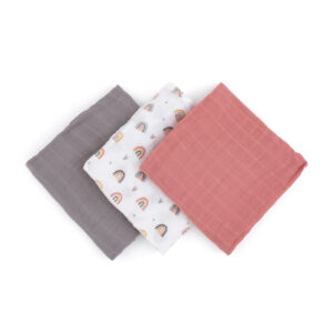 Set scutece 3 piese din muselină de bambus, 68 x 68 cm, Petite&Mars, Moussy Rose Rainbow, Multicolor