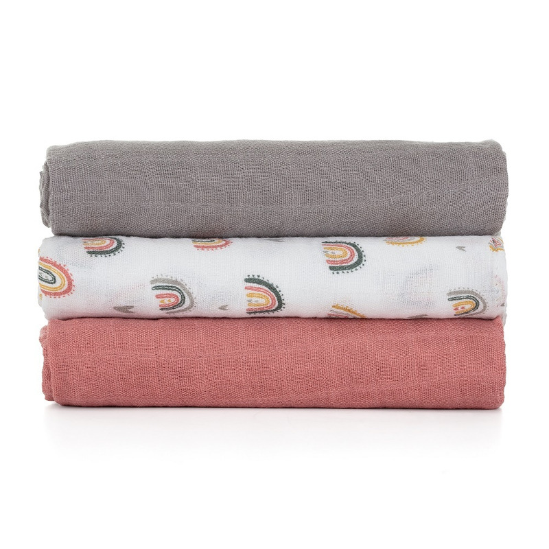 Set scutece 3 piese din muselină de bambus, 68 x 68 cm, Petite&Mars, Moussy Rose Rainbow, Multicolor - Image 3