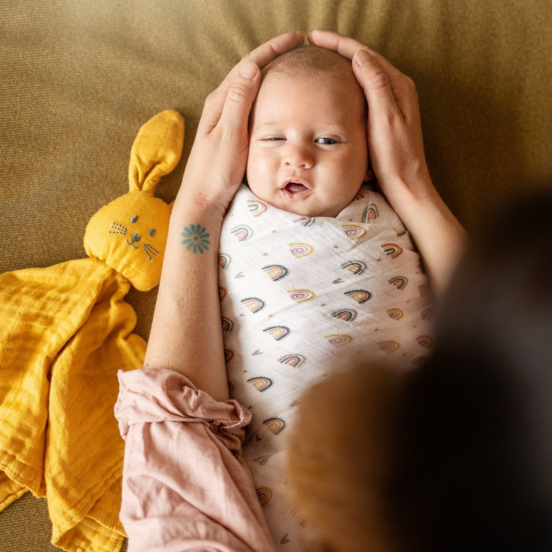 Set scutece 3 piese din muselină de bambus, 68 x 68 cm, Petite&Mars, Moussy Rose Rainbow, Multicolor - Image 9