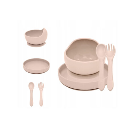 Set de hrănire, Petite&Mars, Cu farfurie, Bol și tacâmuri, Din silicon fără BFA, Bej