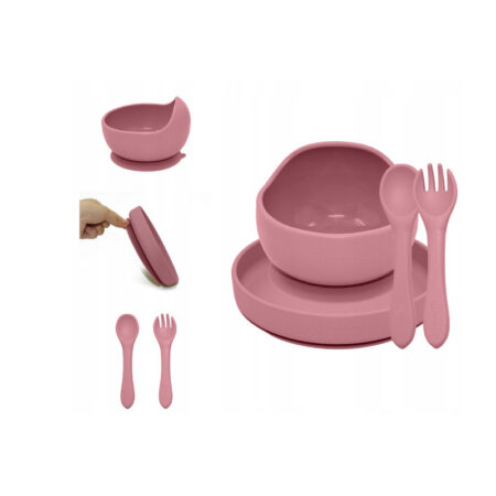 Set de hrănire, Petite&Mars, Cu farfurie, Bol și tacâmuri, Din silicon făra BFA, Roz