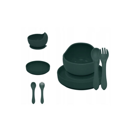 Set de hrănire, Petite&Mars, Cu farfurie, Bol și tacâmuri, Din silicon fără BFA, Verde închis