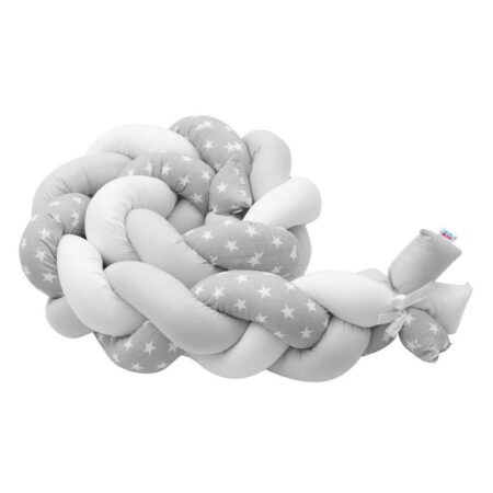 Protecție laterală pentru pătuț, 225 cm, tip bumper împletit, Bumbac, New Baby, Stars grey/white