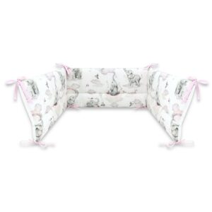 Apărătoare laterale pentru pătuț cu panglici, 180x30 cm, Bumbac, Qmini, Elephants on Rainbow Roz