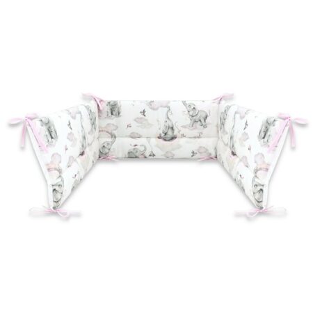 Apărătoare laterale pentru pătuț cu panglici, 180x30 cm, Bumbac, Qmini, Elephants on Rainbow Roz