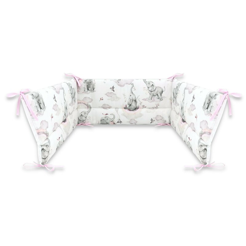 Apărătoare laterale pentru pătuț cu panglici, 180x30 cm, Bumbac, Qmini, Elephants on Rainbow Roz