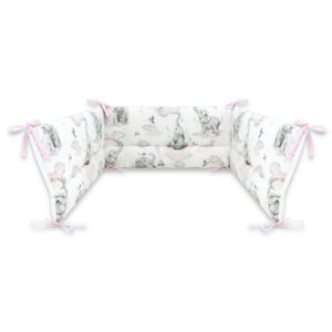 Apărătoare laterale pentru pătuț cu panglici, 210x30 cm, Bumbac, Qmini, Elephants on Rainbow Roz