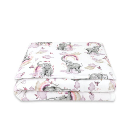 Lenjerie pătuț junior cu 2 piese, pentru pat 140 x 200 cm, Qmini, Elephants on Rainbow Pink