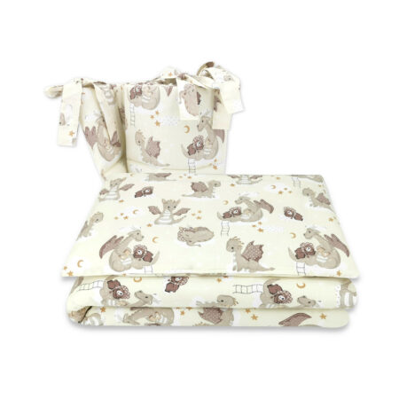 Lenjerie pătuț 3 piese pentru pat 120x60 cm, cu protecție laterală, Qmini, Dragons Beige