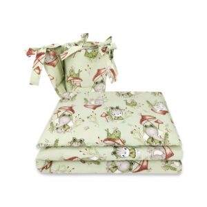 Lenjerie pătuț 3 piese pentru pat 120x60 cm, cu protecție laterală, Qmini, Frogs