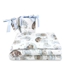 Lenjerie pătuț 3 piese pentru pat 120x60 cm, cu protecție laterală, Qmini, Teddy Bear and Friends Blue