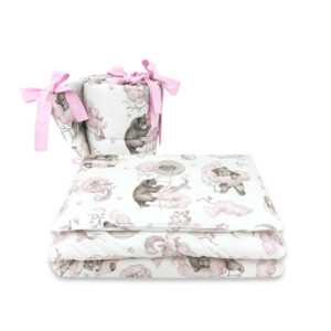 Lenjerie pătuț 3 piese pentru pat 120x60 cm, cu protecție laterală, Qmini, Teddy Bear and Friends Pink