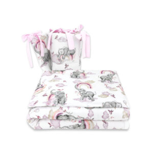Lenjerie pătuț cu 3 piese pentru pat 140x70 cm, cu protecție laterală, Qmini, Elephants on Rainbow Pink