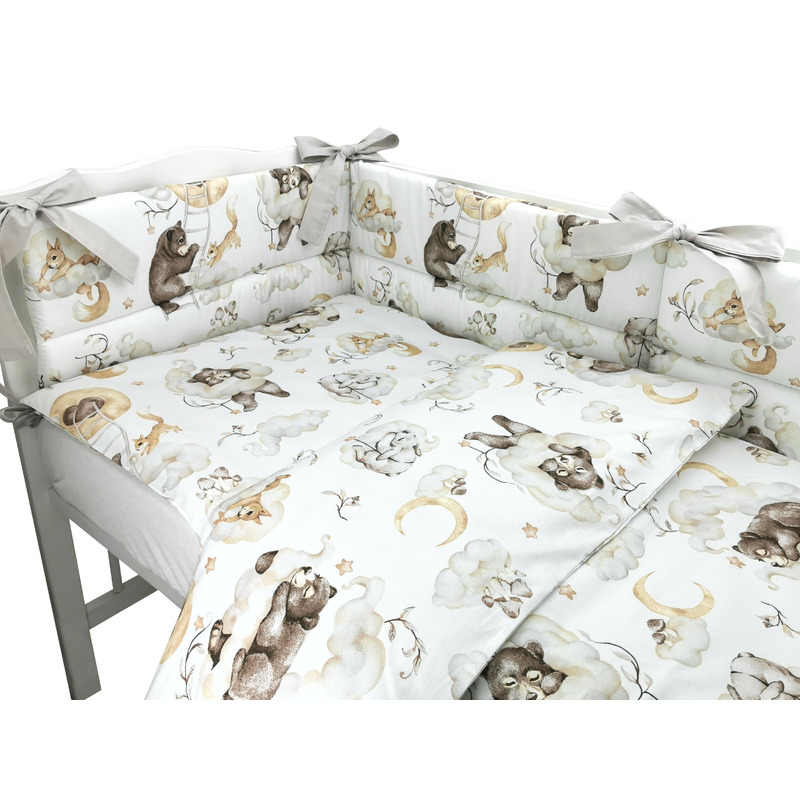 Lenjerie pătuț cu 3 piese pentru pat 140x70 cm, cu protecție laterală, Qmini, Teddy Bear and Friends Beige - Image 3