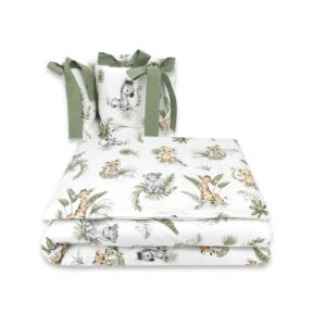 Lenjerie pătuț cu 3 piese pentru pat 140x70 cm, cu protecție laterală, Qmini, Safari