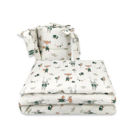Lenjerie pătuț cu 3 piese pentru pat 140x70 cm, cu protecție laterală, Qmini, Fox and Rabbit, Beige