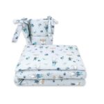 Lenjerie pătuț cu 3 piese pentru pat 140x70 cm, cu protecție laterală, Qmini, Fox and Rabbit, Blue