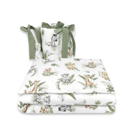 Lenjerie pătuț cu 3 piese pentru pat 140x70 cm, cu protecție laterală, Qmini, Safari