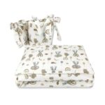 Lenjerie pătuț cu 3 piese pentru pat 140x70 cm, cu protecție laterală, Qmini, Teddy Bears on Rainbow, Beige