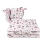 Lenjerie pătuț cu 3 piese pentru pat 140x70 cm, cu protecție laterală, Qmini, Teddy Bears on Rainbow, Pink