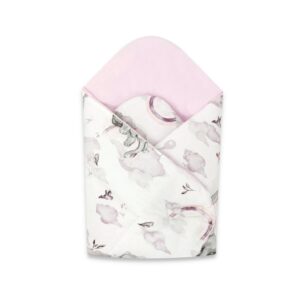 Păturică de înfășat cu 2 fețe, 75×75 cm, Qmini, Elephants on Rainbow Pink