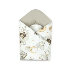 Păturică de înfășat cu 2 fețe, 75x75 cm, Qmini, Teddy Bear and Friends Beige