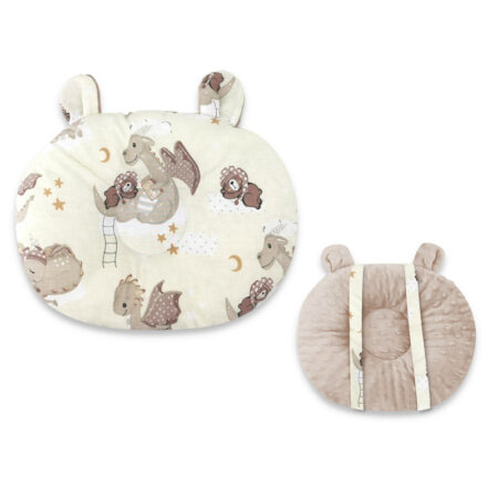 Pernă bebeluși cu 2 fețe din Minky și bumbac, 30x23 cm, Qmini, Minky Dragons Beige