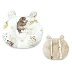 Pernă bebeluși cu 2 fețe din Minky și bumbac, 30x23 cm, Qmini, Minky Teddy Bear and Friends Beige