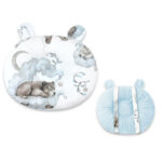 Pernă bebeluși cu 2 fețe din Minky și bumbac, 30x23 cm, Qmini, Minky Teddy Bear and Friends Blue