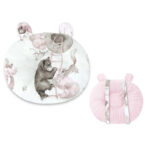 Pernă bebeluși cu 2 fețe din Minky și bumbac, 30x23 cm, Qmini, Minky Teddy Bear and Friends Pink