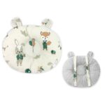 Pernă bebeluși cu 2 fețe din Minky și bumbac, 30x23 cm, Qmini, Minky Fox and Rabbit, Beige