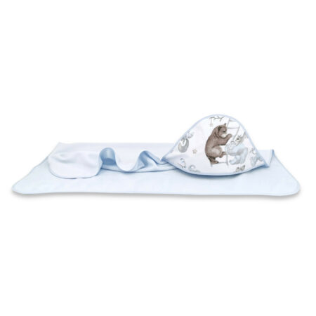 Prosop cu glugă din bumbac și thermo fleece, 100x100cm, Qmini, Teddy Bear and Friends Blue