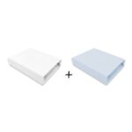 Set 2 cearceafuri cu elastic, Qmini, 90 x 50 cm, Alb și Albastru