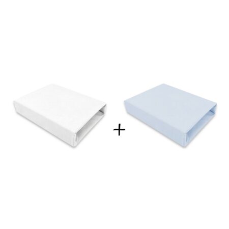 Set 2 cearceafuri cu elastic, Qmini, 90 x 50 cm, Alb și Albastru