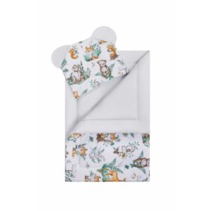 Set păturică și pernă, pentru pătuț, cărucior și coșulet, Bumbac, Qmini, Forest Animals