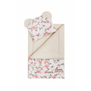 Set păturică și pernă, pentru pătuț, cărucior și coșulet, Bumbac, Qmini, Rabbit Beige