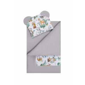 Set păturică și pernă, pentru pătuț, cărucior și coșulet, Bumbac, Qmini, Forest Animals