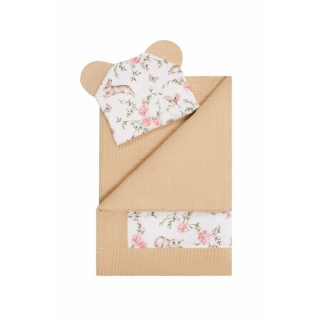 Set păturică și pernă, pentru pătuț, cărucior și coșulet, Bumbac, Qmini, Rabbit Beige
