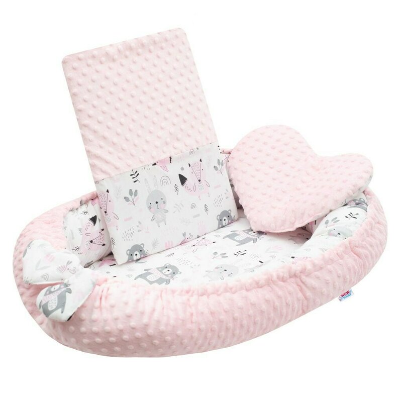 Set 3 piese, New Baby, Luxury, Baby Nest cu doua fete, Cu paturica si pernuta in forma de inima, Minky Bears Pink - Image 2