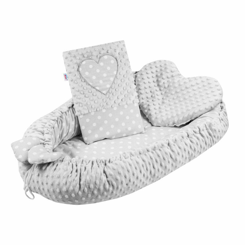 Set baby nest 3 piese, cu păturică și pernă, New Baby, Luxury, Minky Heart Grey - Image 2