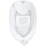 Set babynest 3 piese, păturică și pernă, Luxury, New Baby, Minky Heart White