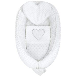 Set babynest 3 piese, păturică și pernă, Luxury, New Baby, Minky Heart White