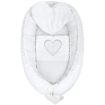 Set babynest 3 piese, păturică și pernă, Luxury, New Baby, Minky Heart White
